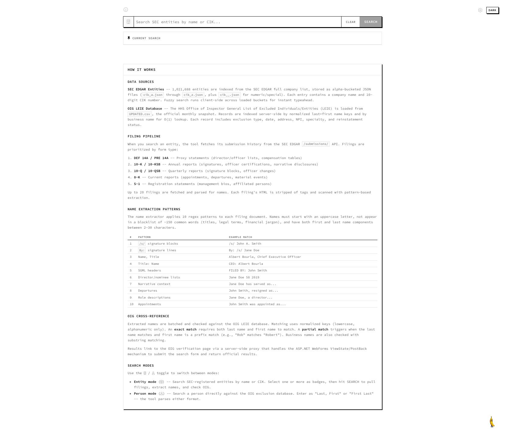 CIK/OIG entity search — SEC EDGAR lookup with exclusion-list cross-reference