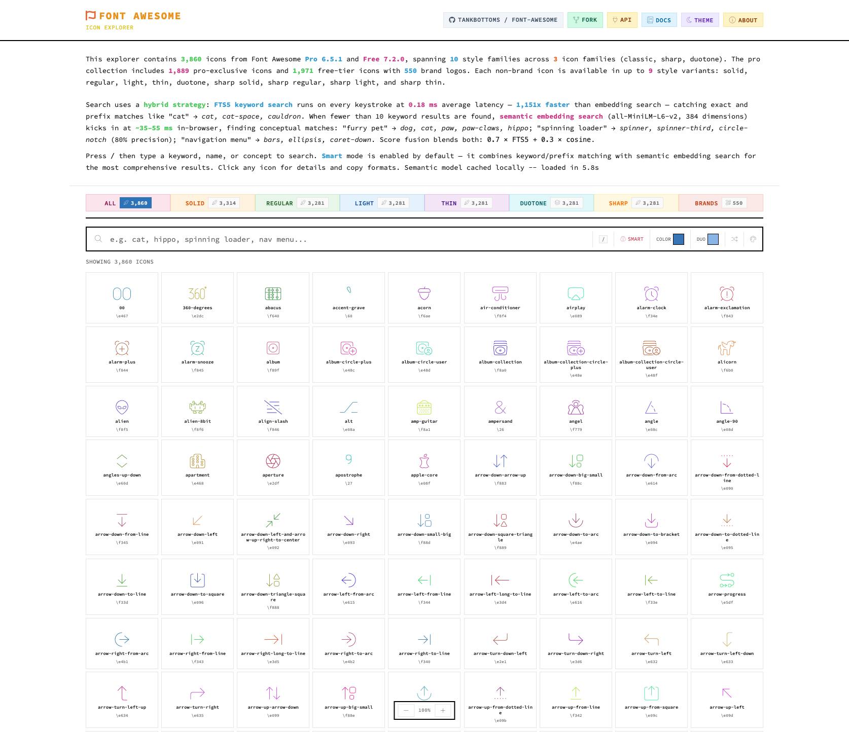 Font Awesome Icon Explorer — a searchable grid of icons